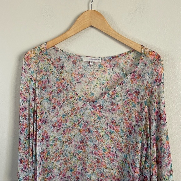 Lavender Brown Silk Floral Sheer Top Flutter Bell Sleeve Pastel Size Medium - Picture 2 of 10
